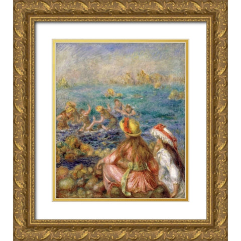 Bathers Gold Ornate Wood Framed Art Print with Double Matting by Renoir, Pierre-Auguste