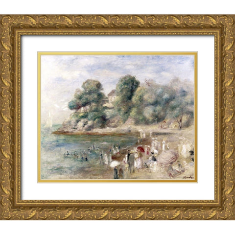 Beach at Pornic Gold Ornate Wood Framed Art Print with Double Matting by Renoir, Pierre-Auguste