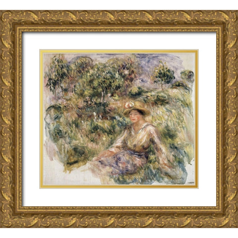 Femme en bleu en chapeau assise sur lherbe Gold Ornate Wood Framed Art Print with Double Matting by Renoir, Pierre-Auguste