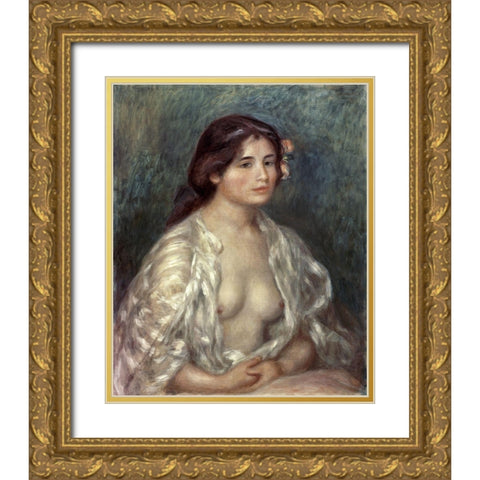 Gabrielle in an Open Blouse Gold Ornate Wood Framed Art Print with Double Matting by Renoir, Pierre-Auguste