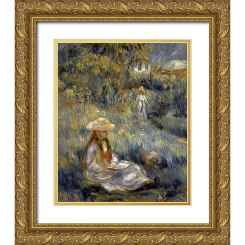 Garden at Mezy: Mademoiselle Manet Gold Ornate Wood Framed Art Print with Double Matting by Renoir, Pierre-Auguste