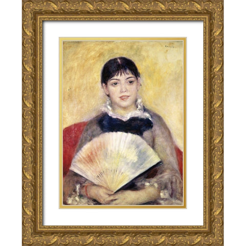 Girl with a Fan Gold Ornate Wood Framed Art Print with Double Matting by Renoir, Pierre-Auguste