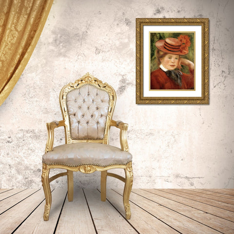 Girl with a Red Hat Gold Ornate Wood Framed Art Print with Double Matting by Renoir, Pierre-Auguste