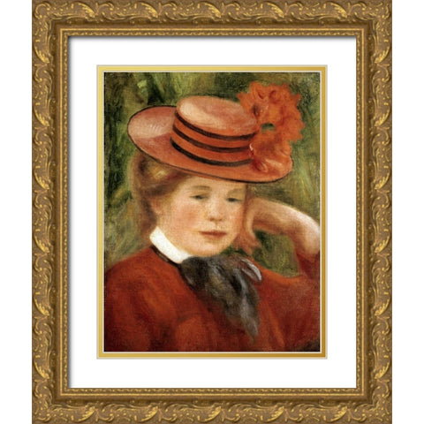 Girl with a Red Hat Gold Ornate Wood Framed Art Print with Double Matting by Renoir, Pierre-Auguste