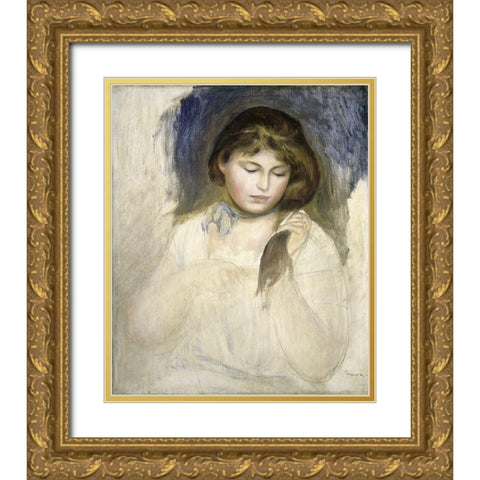 Head of Gabrielle Gold Ornate Wood Framed Art Print with Double Matting by Renoir, Pierre-Auguste
