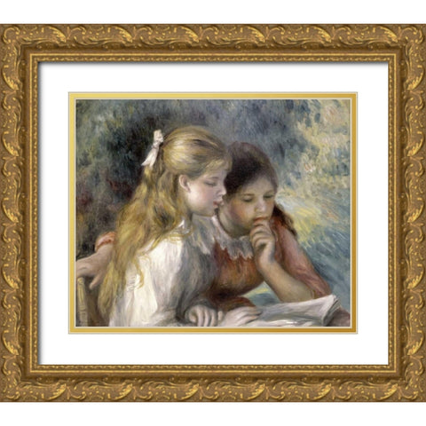La Lecture Gold Ornate Wood Framed Art Print with Double Matting by Renoir, Pierre-Auguste