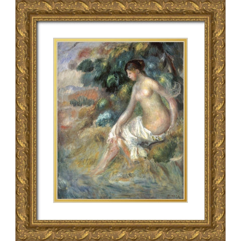 Nu Dans La Verdure Gold Ornate Wood Framed Art Print with Double Matting by Renoir, Pierre-Auguste