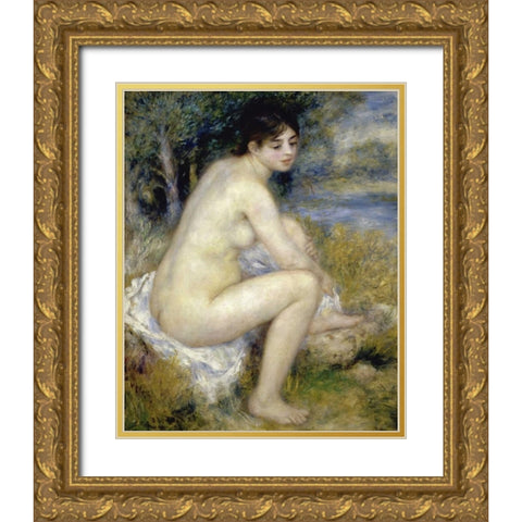 Nude Woman Seated In A Landscape Gold Ornate Wood Framed Art Print with Double Matting by Renoir, Pierre-Auguste
