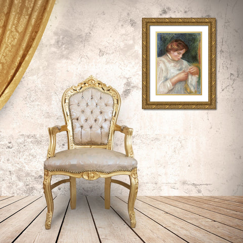 The Seamstress Gold Ornate Wood Framed Art Print with Double Matting by Renoir, Pierre-Auguste