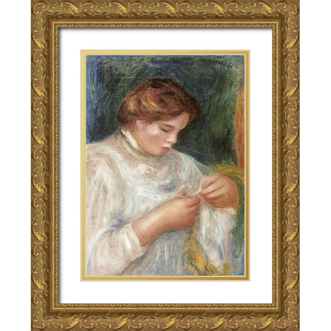 The Seamstress Gold Ornate Wood Framed Art Print with Double Matting by Renoir, Pierre-Auguste