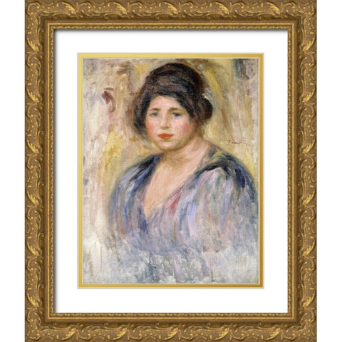 The Woman with a Hat (La Femme au Chapeau) Gold Ornate Wood Framed Art Print with Double Matting by Renoir, Pierre-Auguste