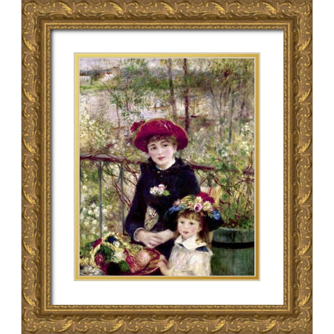 Two Sisters - On The Terrace Gold Ornate Wood Framed Art Print with Double Matting by Renoir, Pierre-Auguste