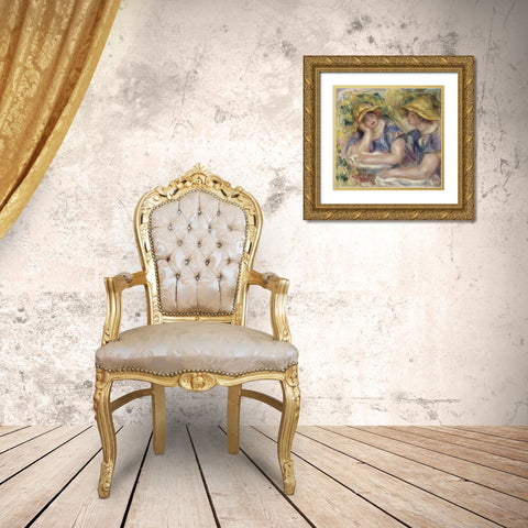 Two Women in Blue Blouses Gold Ornate Wood Framed Art Print with Double Matting by Renoir, Pierre-Auguste