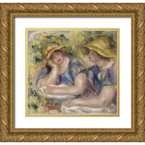 Two Women in Blue Blouses Gold Ornate Wood Framed Art Print with Double Matting by Renoir, Pierre-Auguste