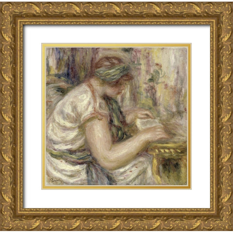 Woman in an Arabian Blouse Reading Gold Ornate Wood Framed Art Print with Double Matting by Renoir, Pierre-Auguste