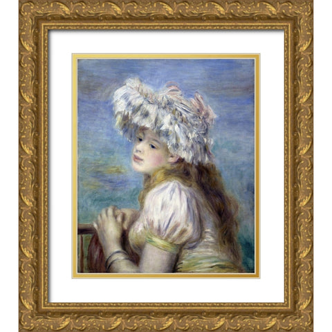 Young Girl in a Lace Hat Gold Ornate Wood Framed Art Print with Double Matting by Renoir, Pierre-Auguste
