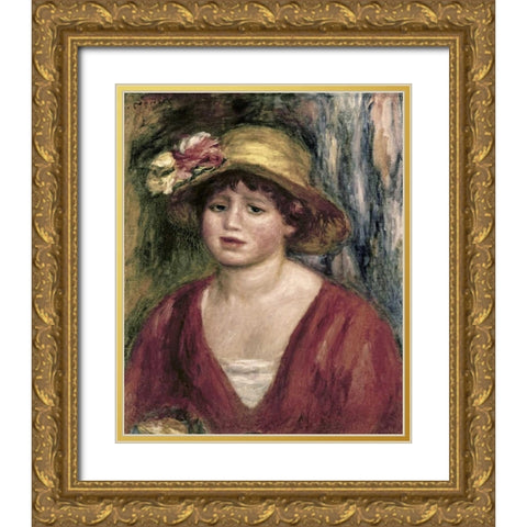 Young Girl In a Red Dress Gold Ornate Wood Framed Art Print with Double Matting by Renoir, Pierre-Auguste