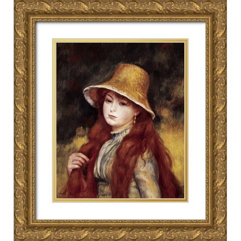Young Girl in a Straw Hat Gold Ornate Wood Framed Art Print with Double Matting by Renoir, Pierre-Auguste