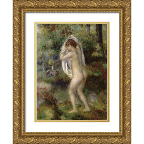 Young Girl Undressing To Bathe In The Forest Gold Ornate Wood Framed Art Print with Double Matting by Renoir, Pierre-Auguste