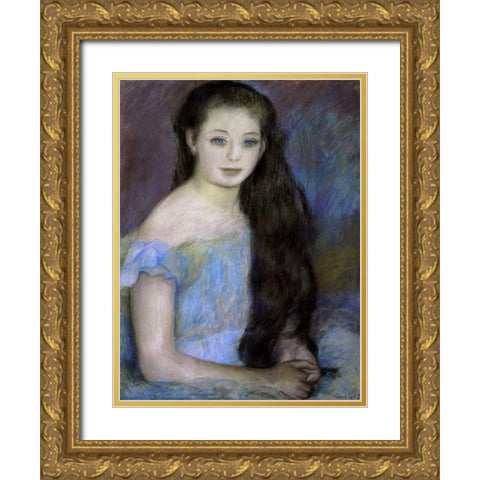 Young Girl With Dark Brown Hair Gold Ornate Wood Framed Art Print with Double Matting by Renoir, Pierre-Auguste