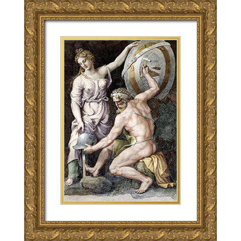 Vulcan Forging Armour For Achilles Gold Ornate Wood Framed Art Print with Double Matting by Romano, Giulio