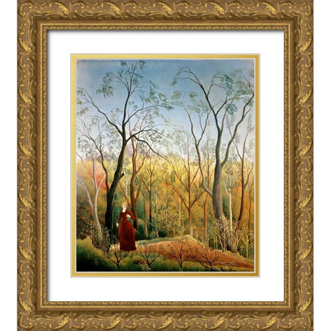A Stroll in the Woods Gold Ornate Wood Framed Art Print with Double Matting by Rousseau, Henri