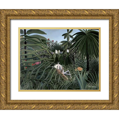 Attack of The Jaguar Gold Ornate Wood Framed Art Print with Double Matting by Rousseau, Henri