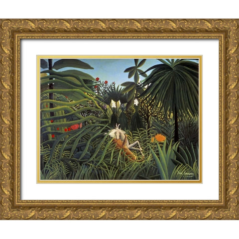 Jaguar Attacking a Horse Gold Ornate Wood Framed Art Print with Double Matting by Rousseau, Henri