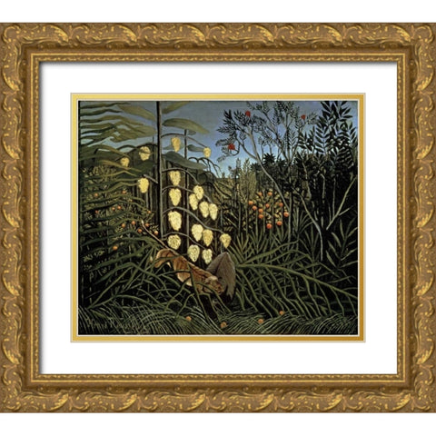 Tropical Forest: Battling Tiger and Bull Gold Ornate Wood Framed Art Print with Double Matting by Rousseau, Henri