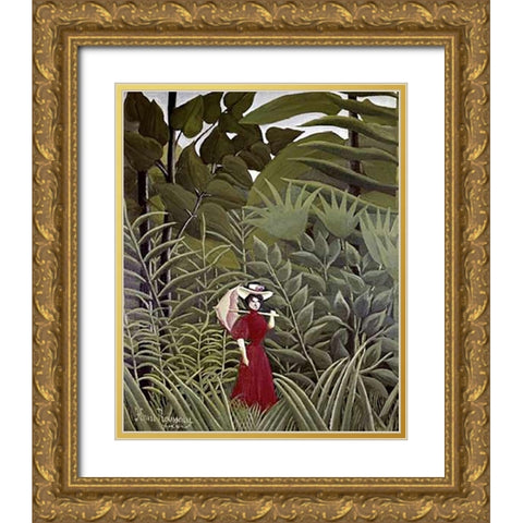 Woman with an Umbrella in an Exotic Forest Gold Ornate Wood Framed Art Print with Double Matting by Rousseau, Henri