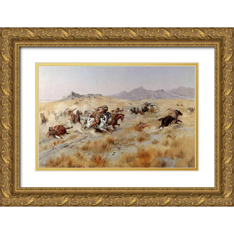 Attack Gold Ornate Wood Framed Art Print with Double Matting by Russell, Charles M.