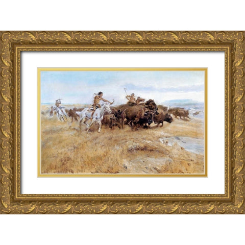 Buffalo Hunt Gold Ornate Wood Framed Art Print with Double Matting by Russell, Charles M.