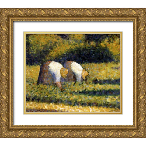 Farm Women at Work Gold Ornate Wood Framed Art Print with Double Matting by Seurat, Georges