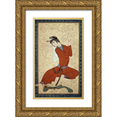 Seated Woman at Rest Gold Ornate Wood Framed Art Print with Double Matting by Shah Abbas School