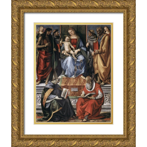 Madonna With Child Among Saints Gold Ornate Wood Framed Art Print with Double Matting by Signorelli, Luca