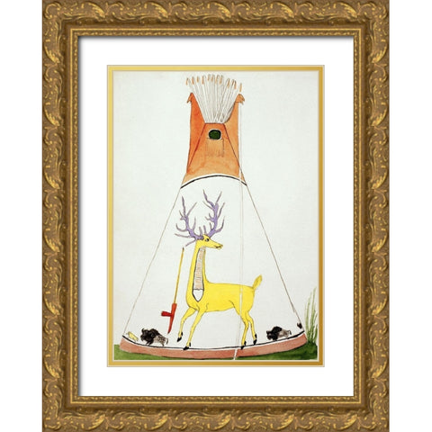 Teepee With Large Yellow Deer and Small Buffalo Gold Ornate Wood Framed Art Print with Double Matting by Silverhorn