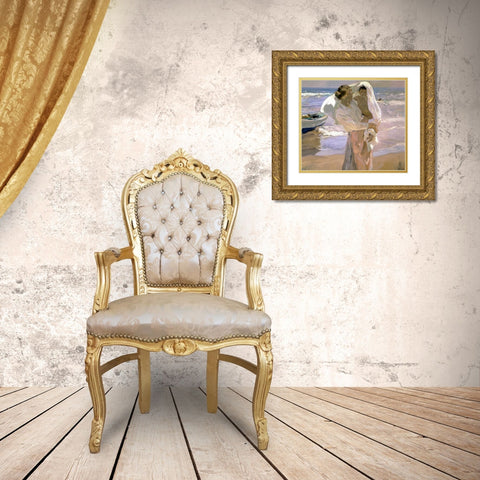 After the Bath Gold Ornate Wood Framed Art Print with Double Matting by Bastida, Joaquin Sorrolla