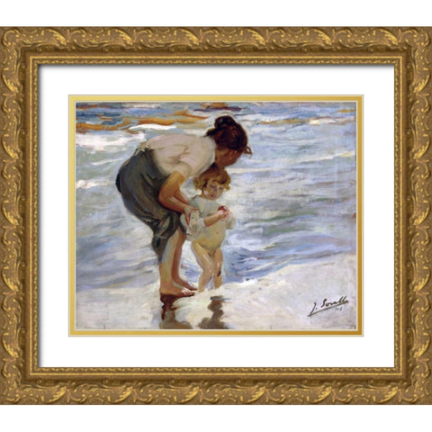 At the Beach - En la Playa Gold Ornate Wood Framed Art Print with Double Matting by Bastida, Joaquin Sorrolla