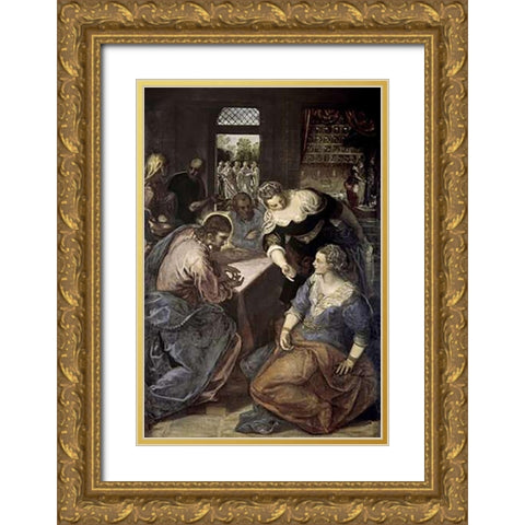 Museumist In The House of Mary and Martha Gold Ornate Wood Framed Art Print with Double Matting by Tintoretto, Jacopo