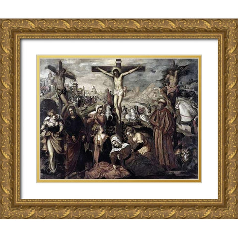 Crucifixion Gold Ornate Wood Framed Art Print with Double Matting by Tintoretto, Jacopo