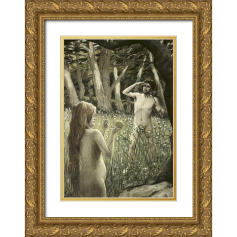 Adam Tempted by Eve Gold Ornate Wood Framed Art Print with Double Matting by Tissot, James Jacques