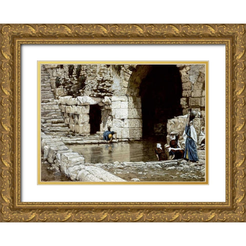 Blind Man Washes In The Pool of Siloam Gold Ornate Wood Framed Art Print with Double Matting by Tissot, James Jacques