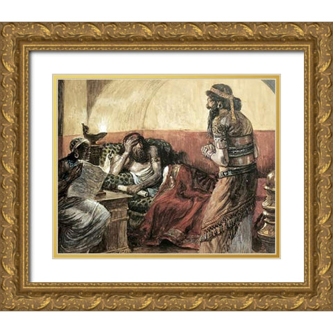 Museumonicles Are Read To Ahasuerus Gold Ornate Wood Framed Art Print with Double Matting by Tissot, James