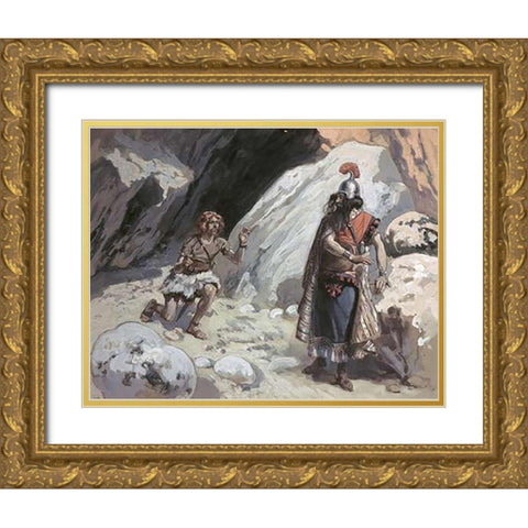 David and Saul In The Cave Gold Ornate Wood Framed Art Print with Double Matting by Tissot, James