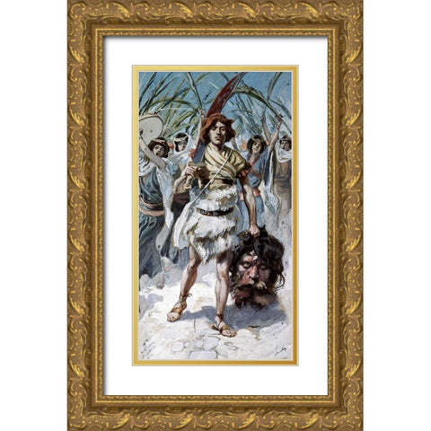 David Takes The Head of Goliath To Jerusalem Gold Ornate Wood Framed Art Print with Double Matting by Tissot, James Jacques