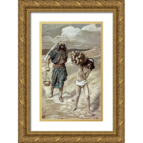 Isaac Bears The Wood For His Sacrifice Gold Ornate Wood Framed Art Print with Double Matting by Tissot, James