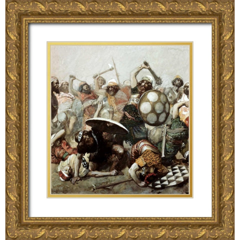 Joshua Destroys The Giants Gold Ornate Wood Framed Art Print with Double Matting by Tissot, James Jacques