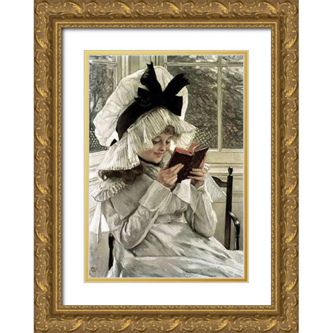 Reading a Book Gold Ornate Wood Framed Art Print with Double Matting by Tissot, James