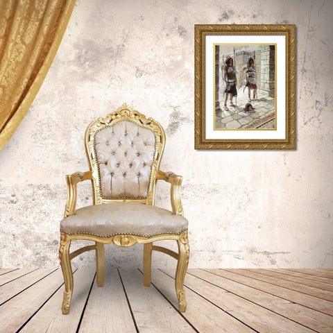 Reehab and Baanah Bring The Head of Ish-Bosheth Gold Ornate Wood Framed Art Print with Double Matting by Tissot, James