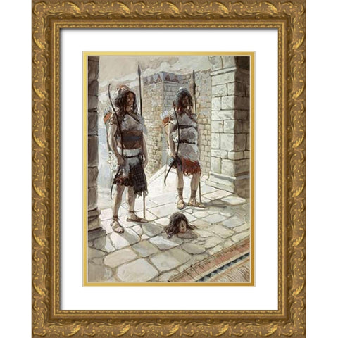 Reehab and Baanah Bring The Head of Ish-Bosheth Gold Ornate Wood Framed Art Print with Double Matting by Tissot, James